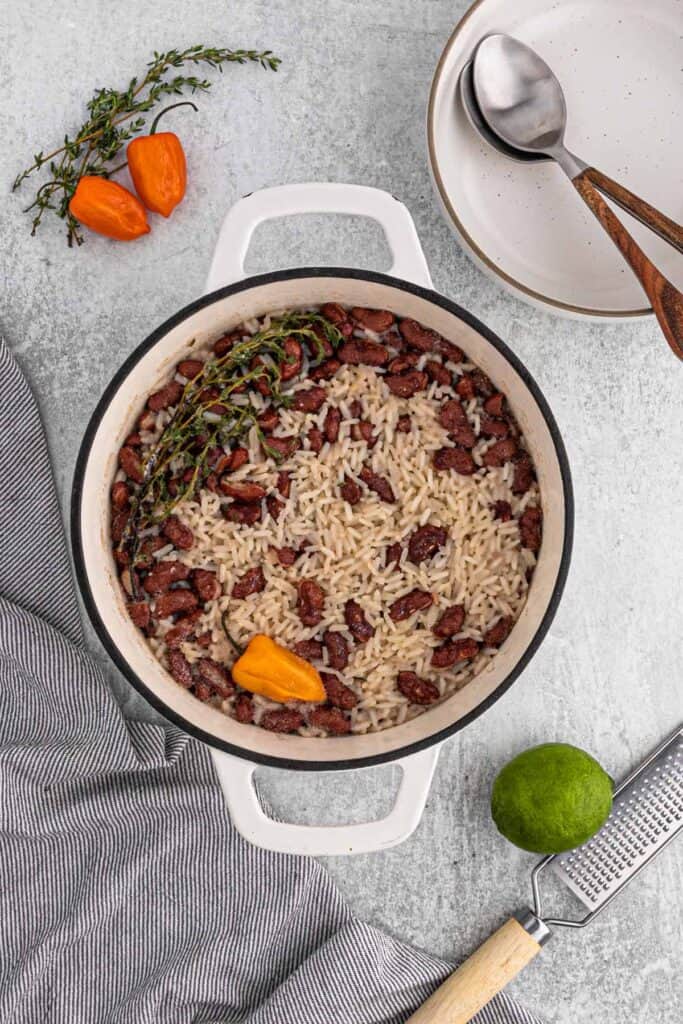 Rice and peas jamaican recipe cooked and ready in a big pot.
