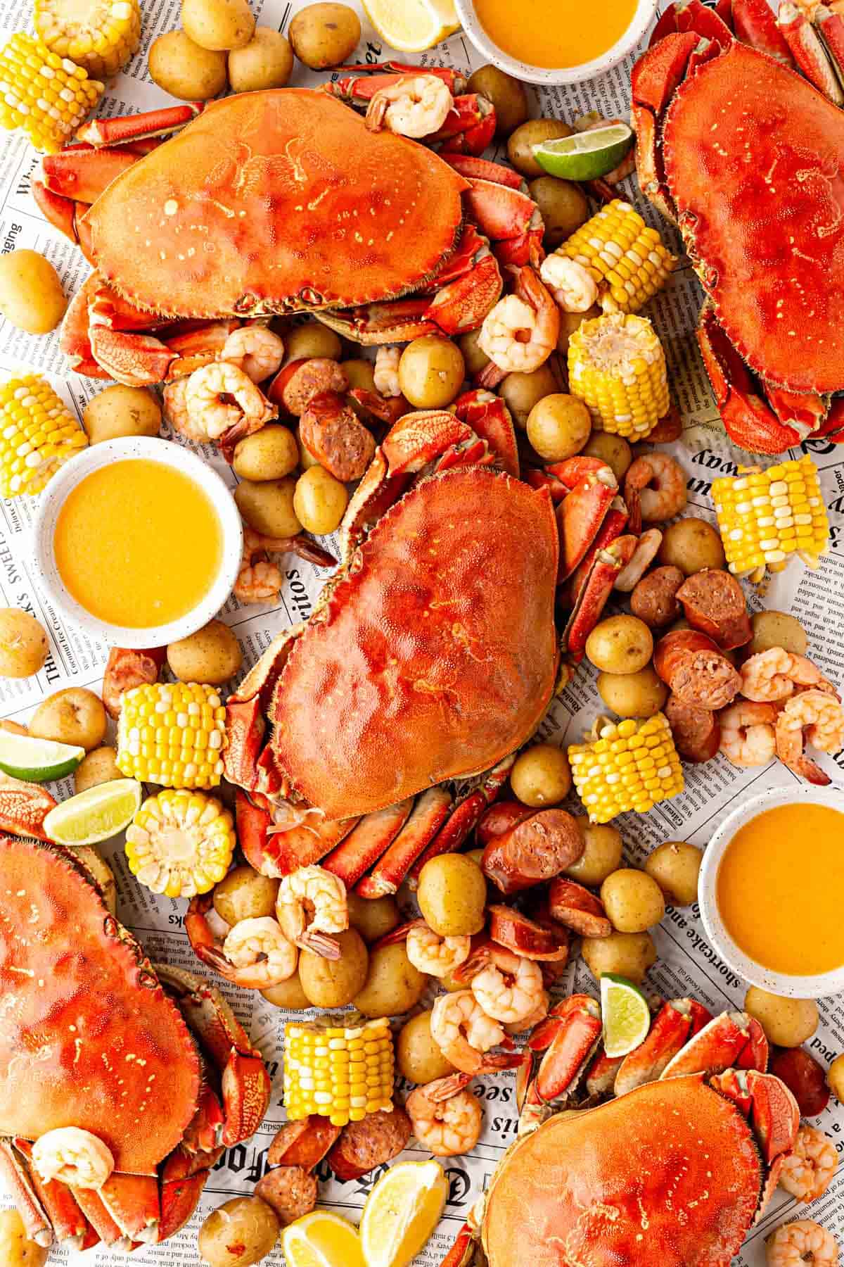 Overhead shot of a finished low country boil spread with crabs, shrimp, corn, potatoes, sausage, and hot butter sauce