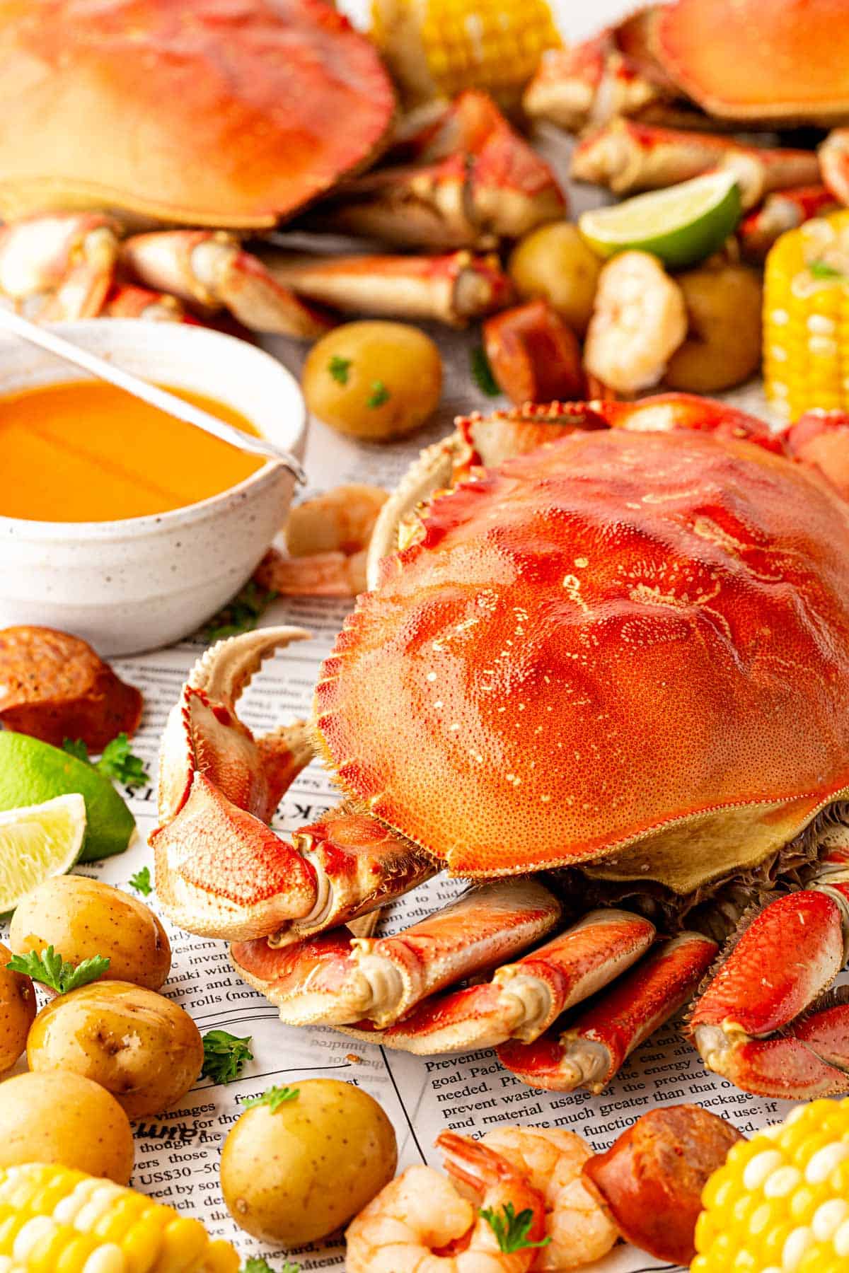 Closeup of a whole cooked crab with potatoes, shrimp, and butter dipping sauce