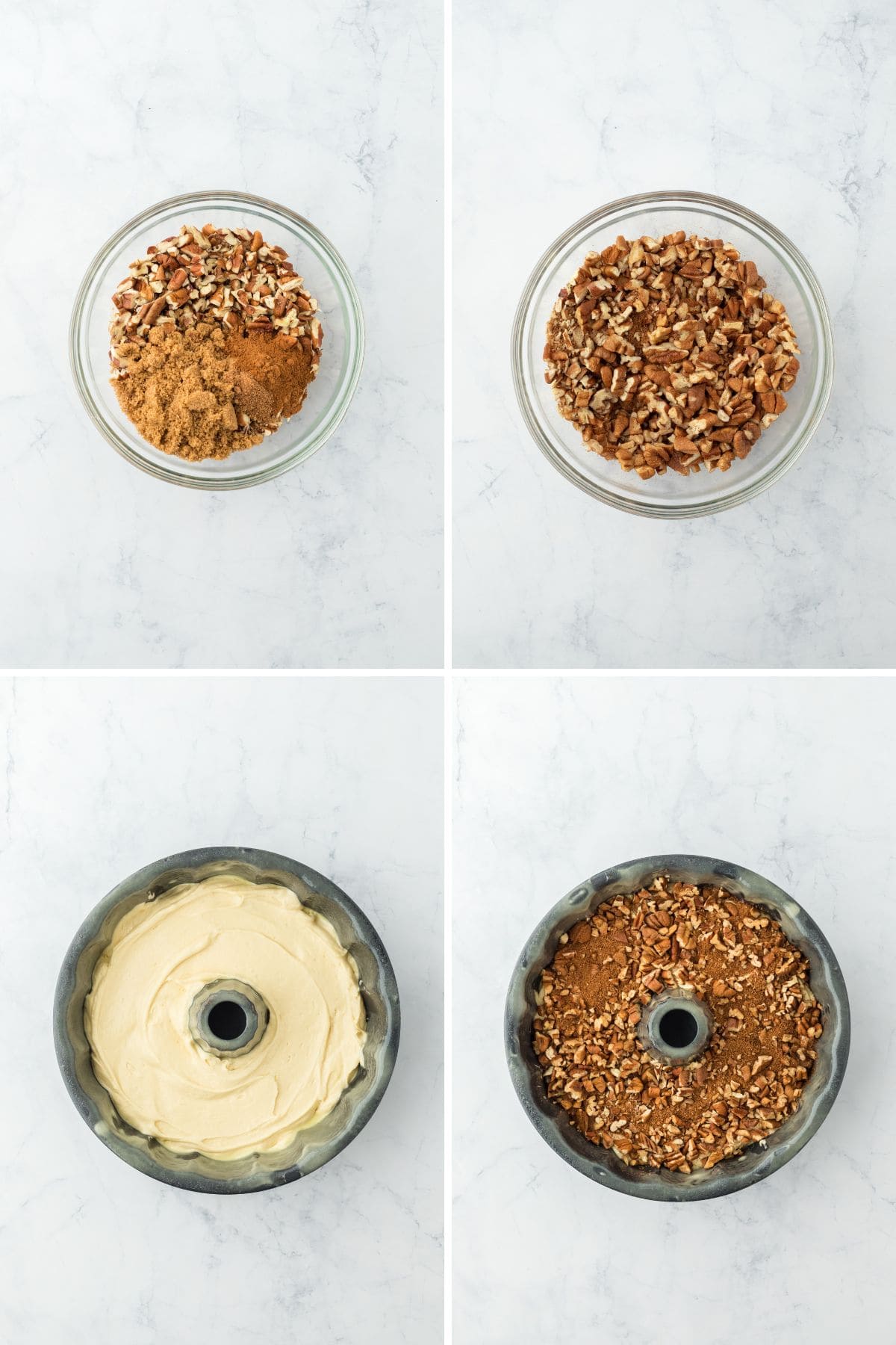 A collage of pecan mixture being combined then assembled in a sock-it-to-me bundt cake