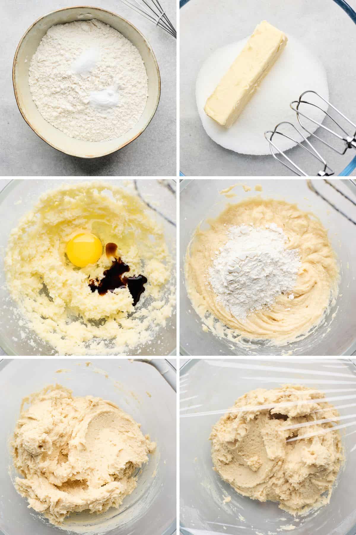 Collage of images showing the process of mixing the cookie dough for making southern tea cakes.