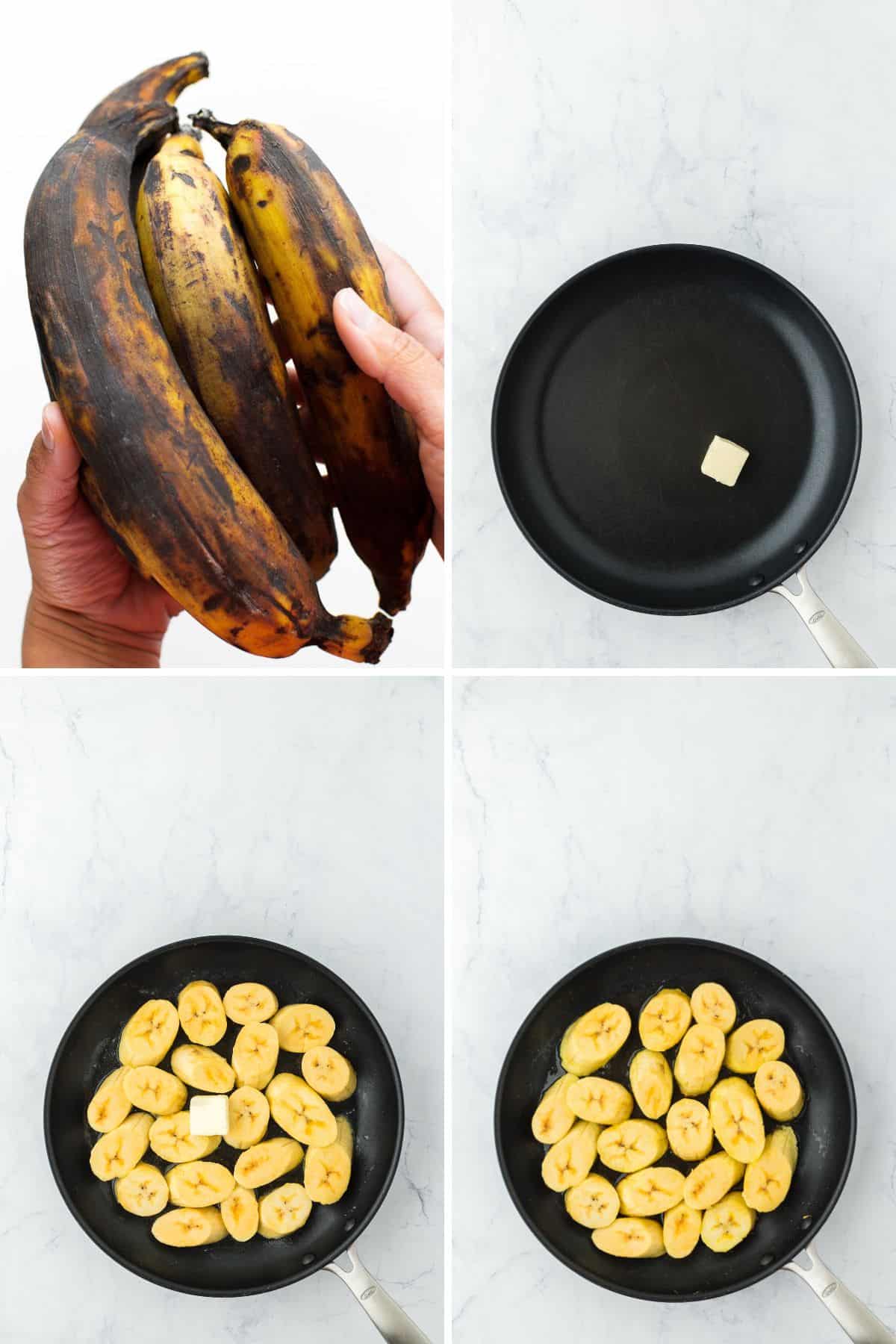 A collage of black plantains that are super ripe and a black skillet frying them sliced in butter