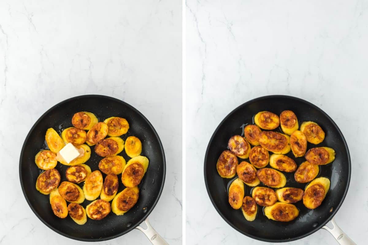 a collage of plantains frying in a large skillet with butter on a white background until golden