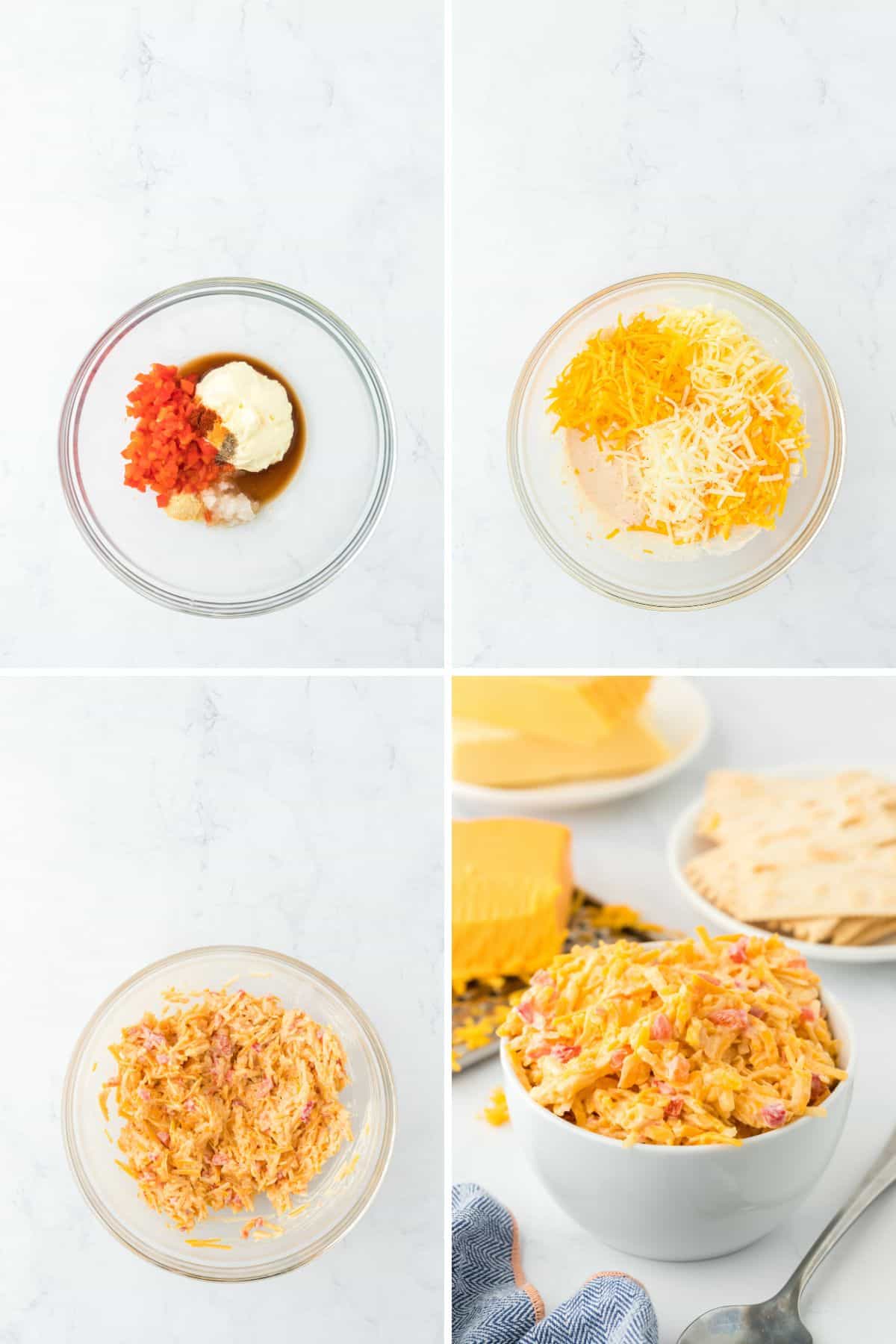 A collage of spices in a clear bowl along with shredded cheeses before mixing together to make a pimento cheese recipe