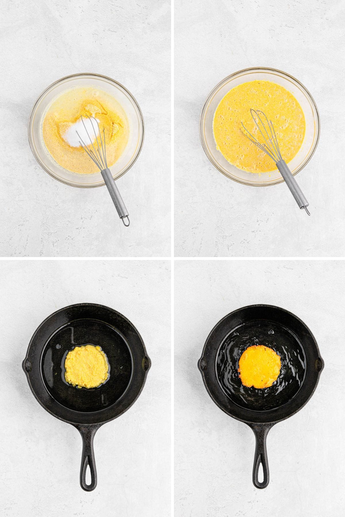 A collage of images showing the preparation of hot water cornbread from mixing the batter and cooking in a skillet.