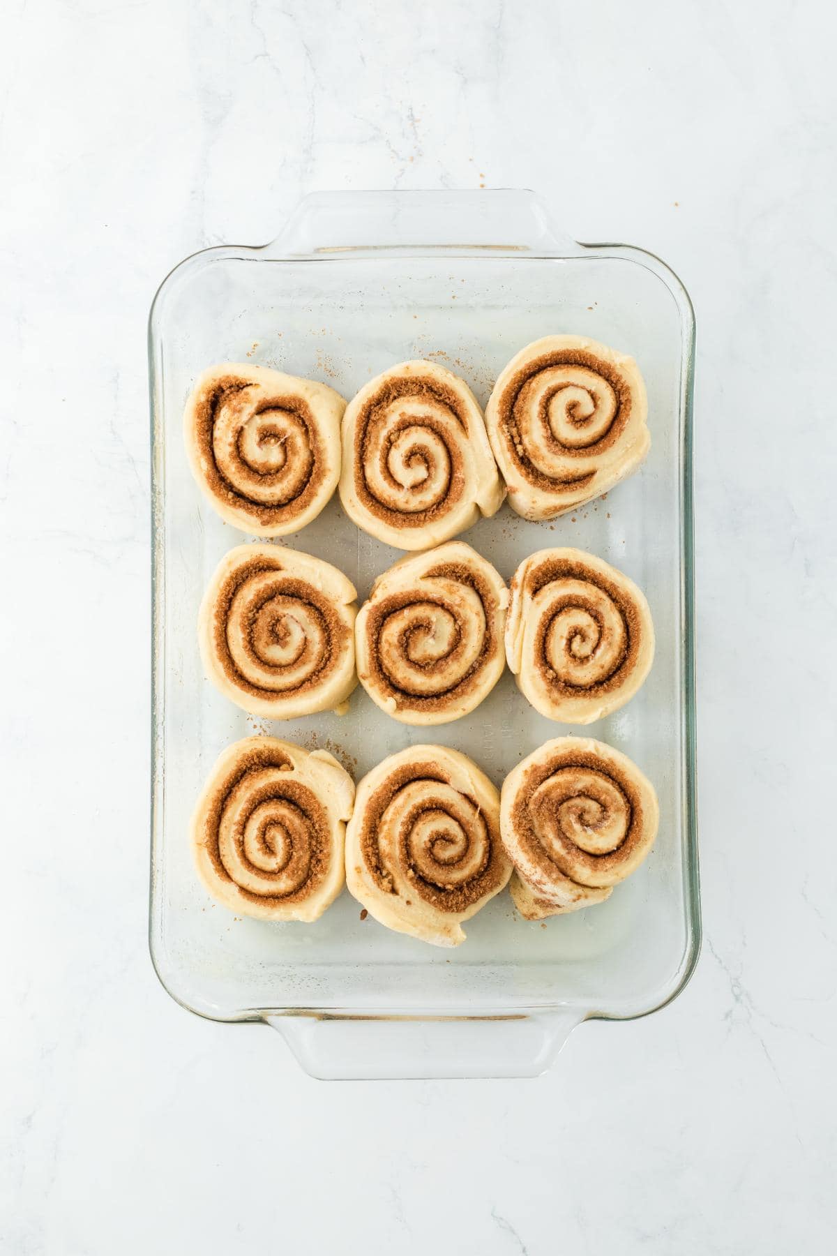 Sliced cinnamon roll dough arranged neatly in a glass baking dish before proofing