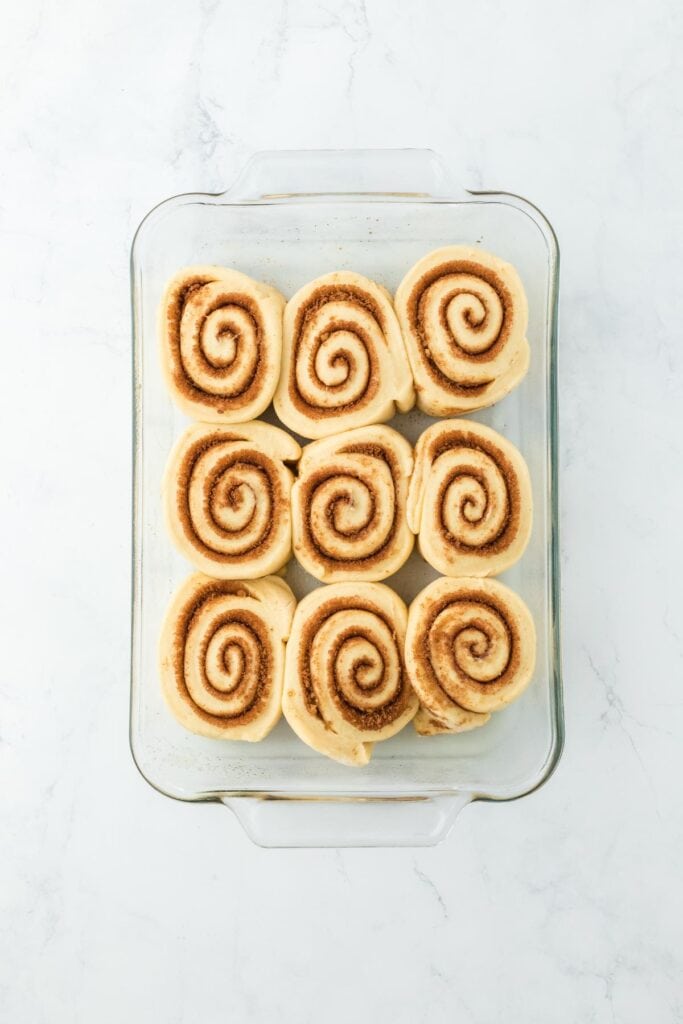 Cinnamon rolls in the baking dish after proofing, slightly puffed and ready for the oven