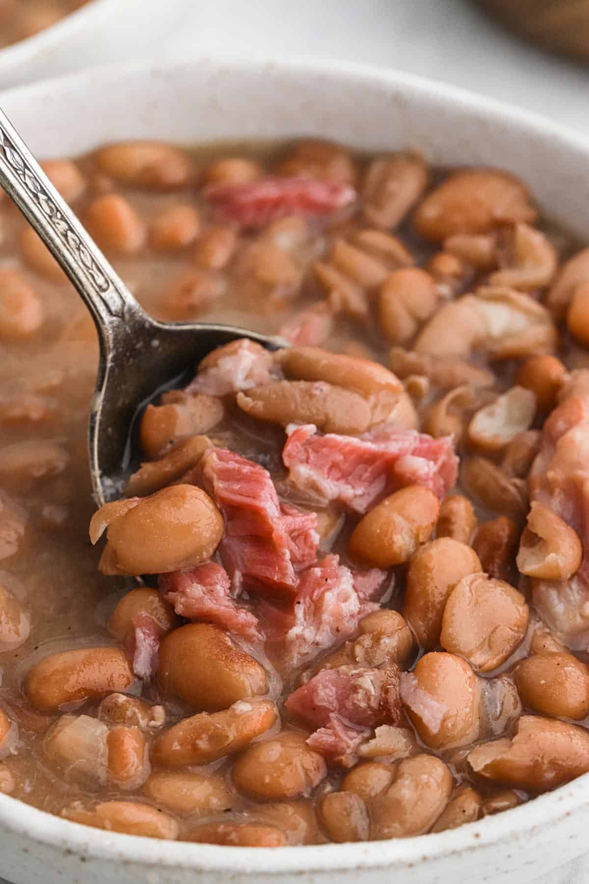 A overhead shot of a big pot of pinto beans, ham hock and bay leaves against white background