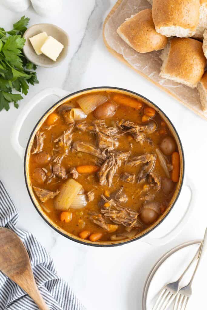 Finished pot roast recipe in a dutch oven ready to enjoy