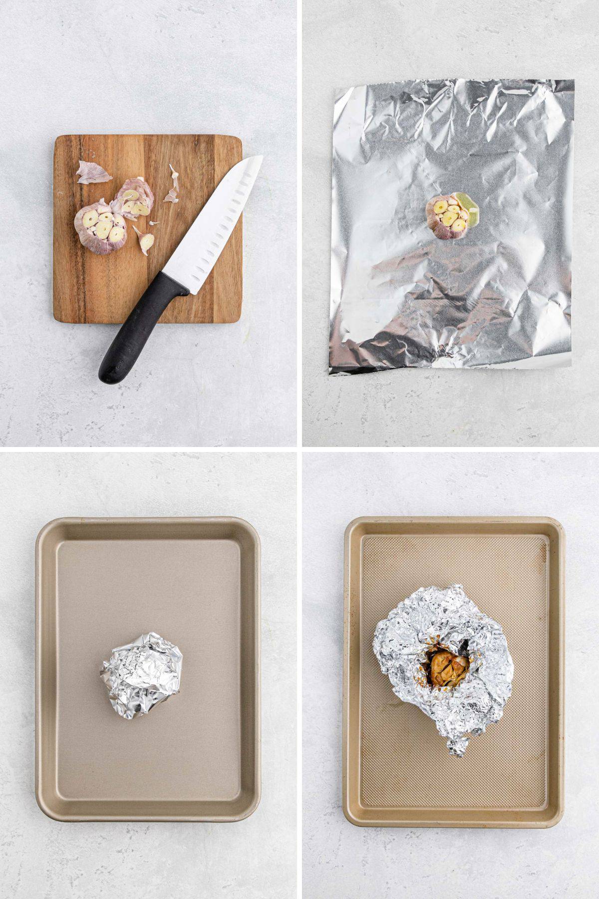 a collage of garlic being wrapped in foil and roasted to make a garlic mashed potato recipe