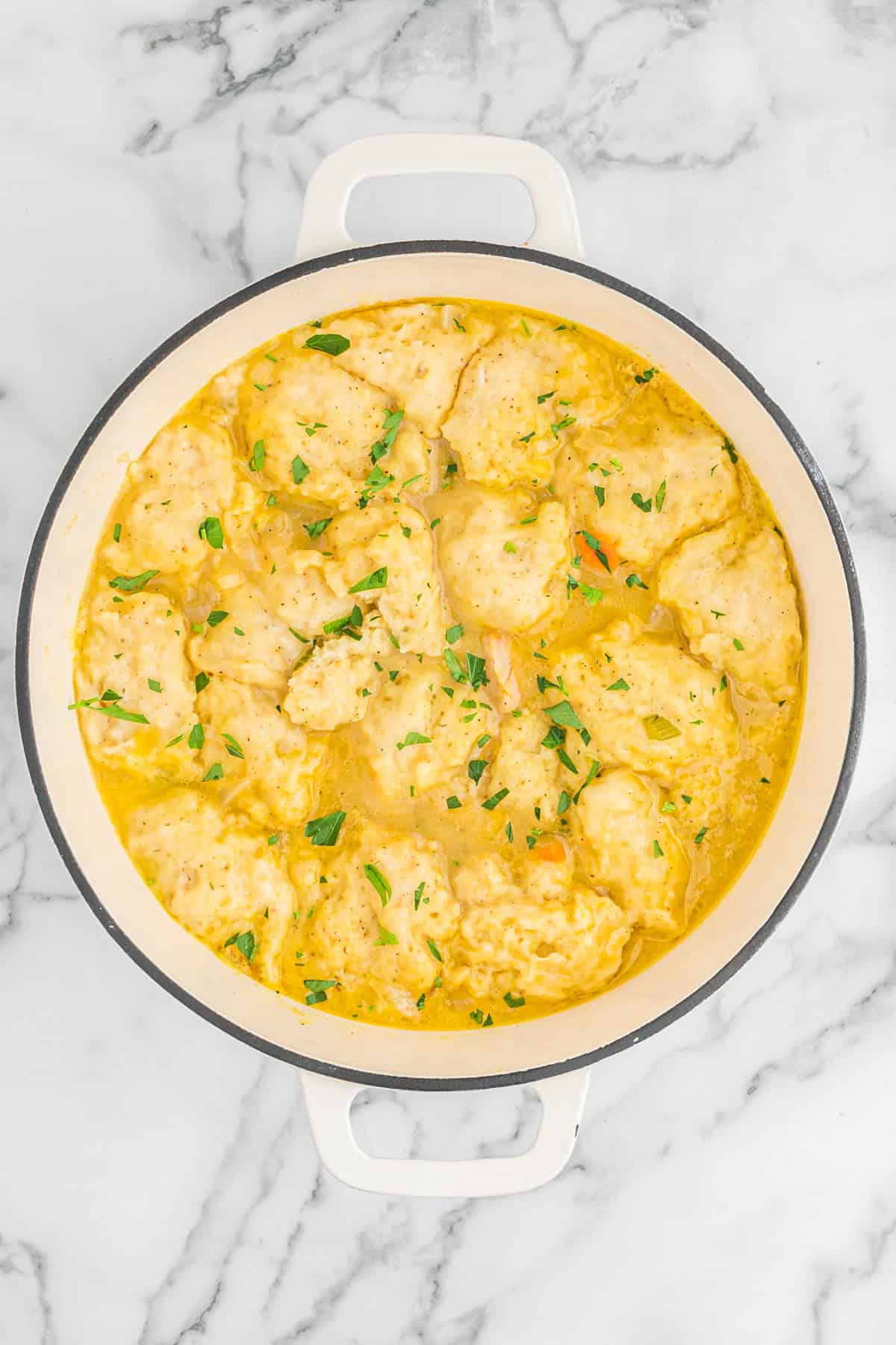 Homemade chicken and dumplings in a white pot on white countertop