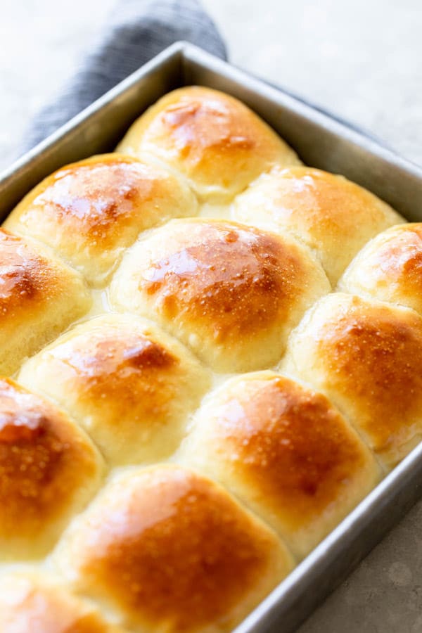 A close up of freshly baked sweet dinner rolls recipe