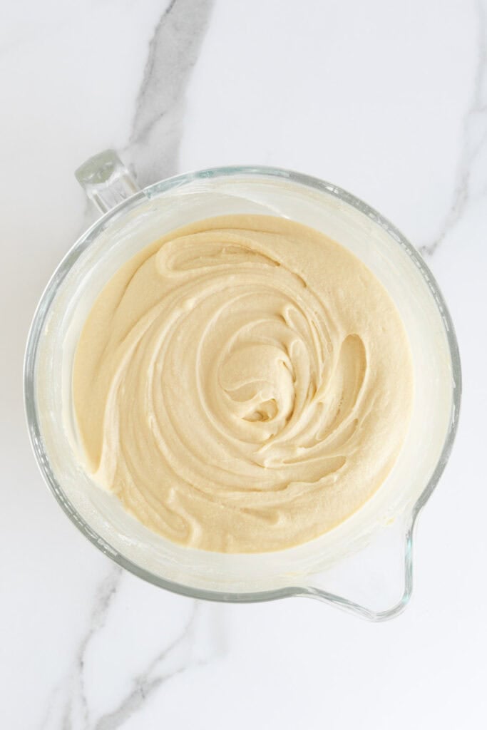 Finished cake batter in stand mixer bowl