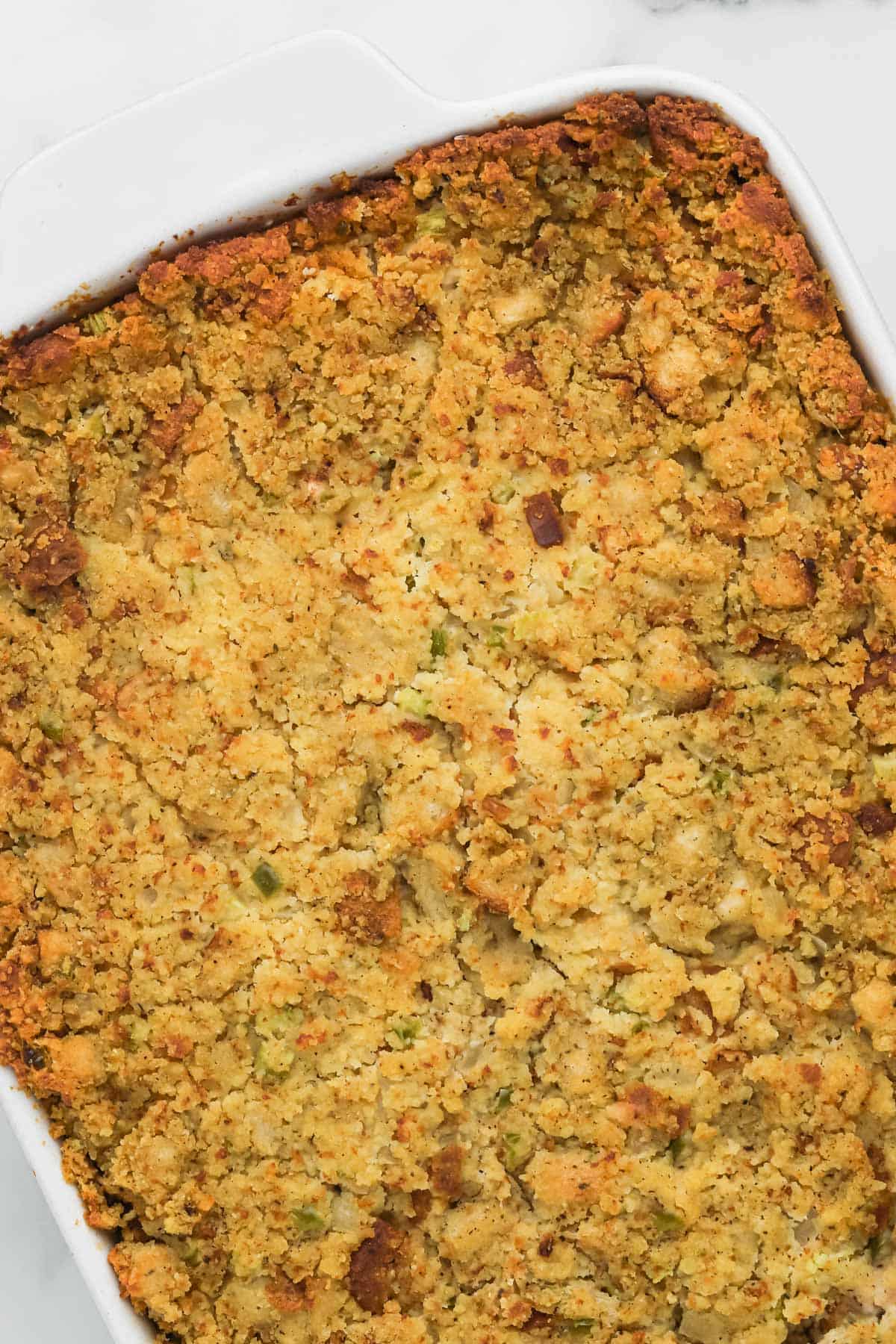 Cornbread dressing after baking in the oven.