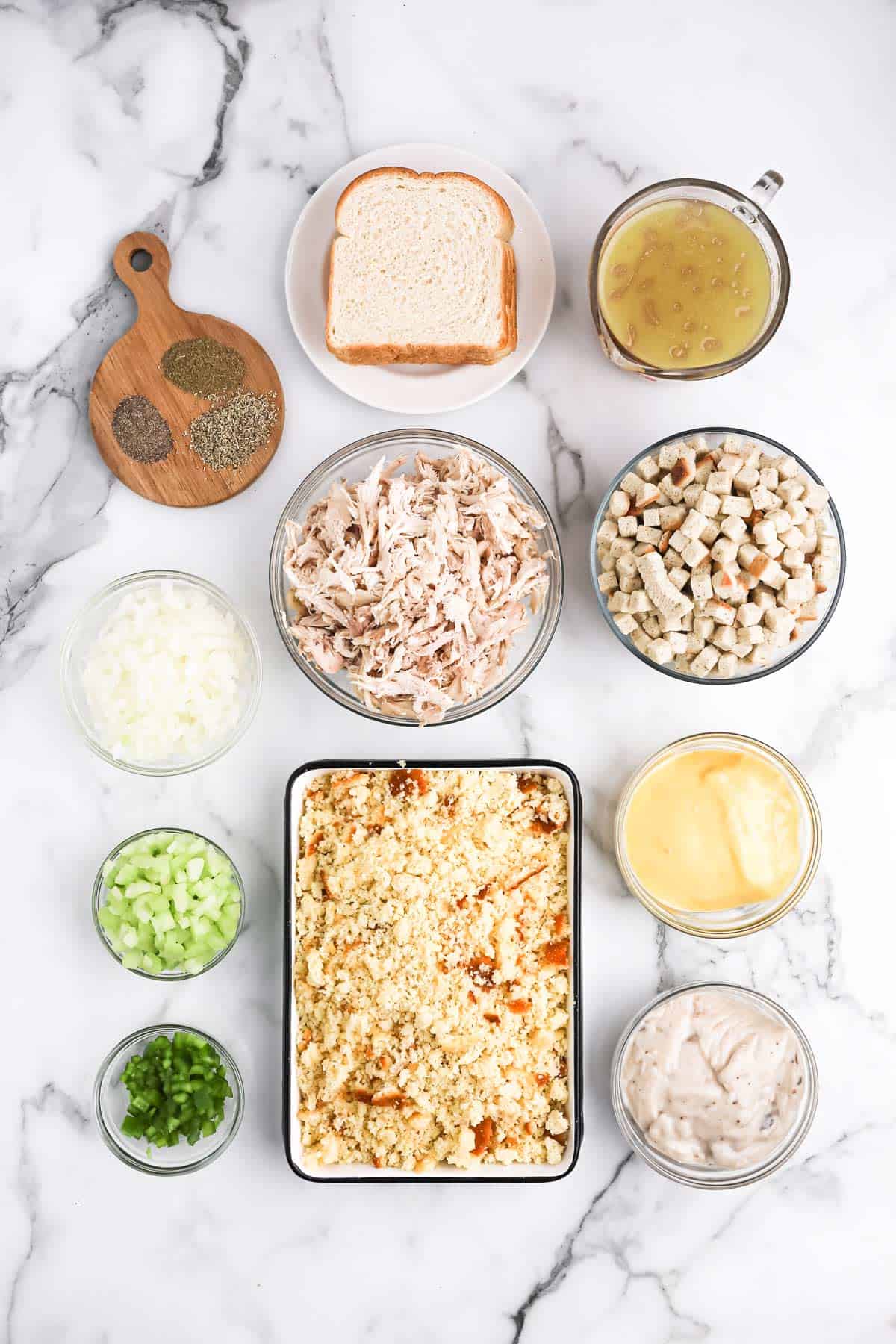 Ingredients to make southern cornbread dressing on the counter.