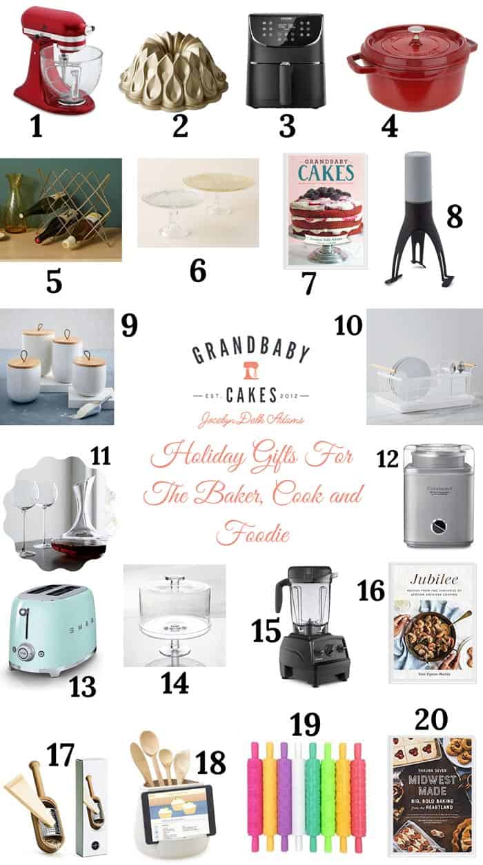A collage of holiday gifts for foodies and cooks and bakers