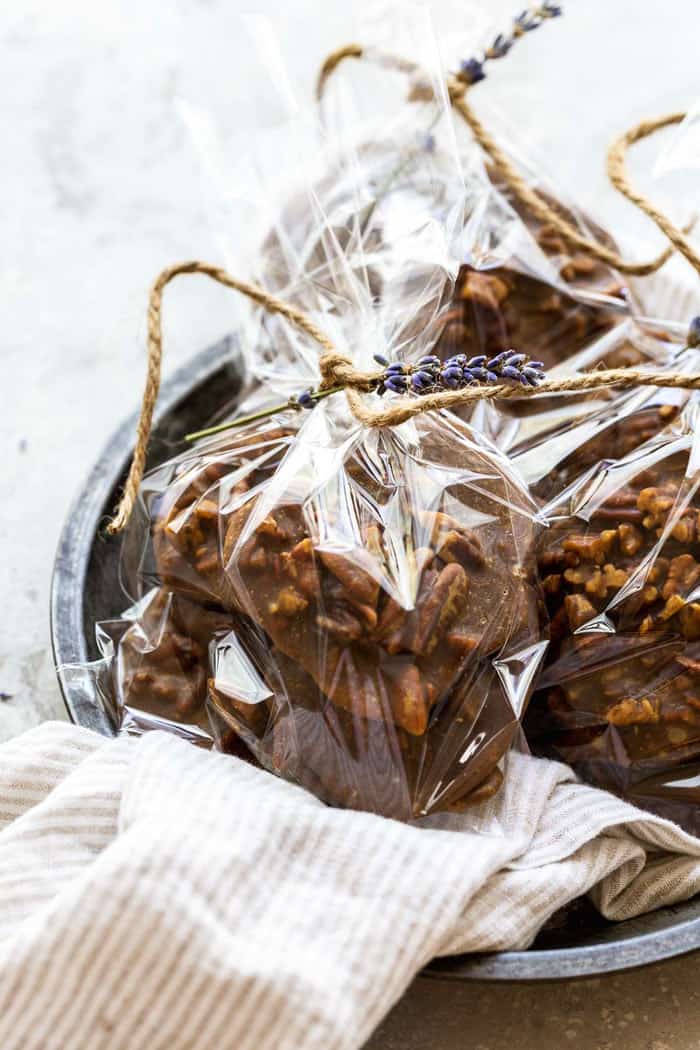 Pecan pralines wrapped in gift bags to give away during the holidays