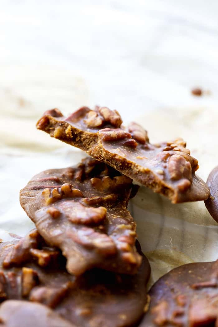 Close up of Delicious pecan pralines stacked and served