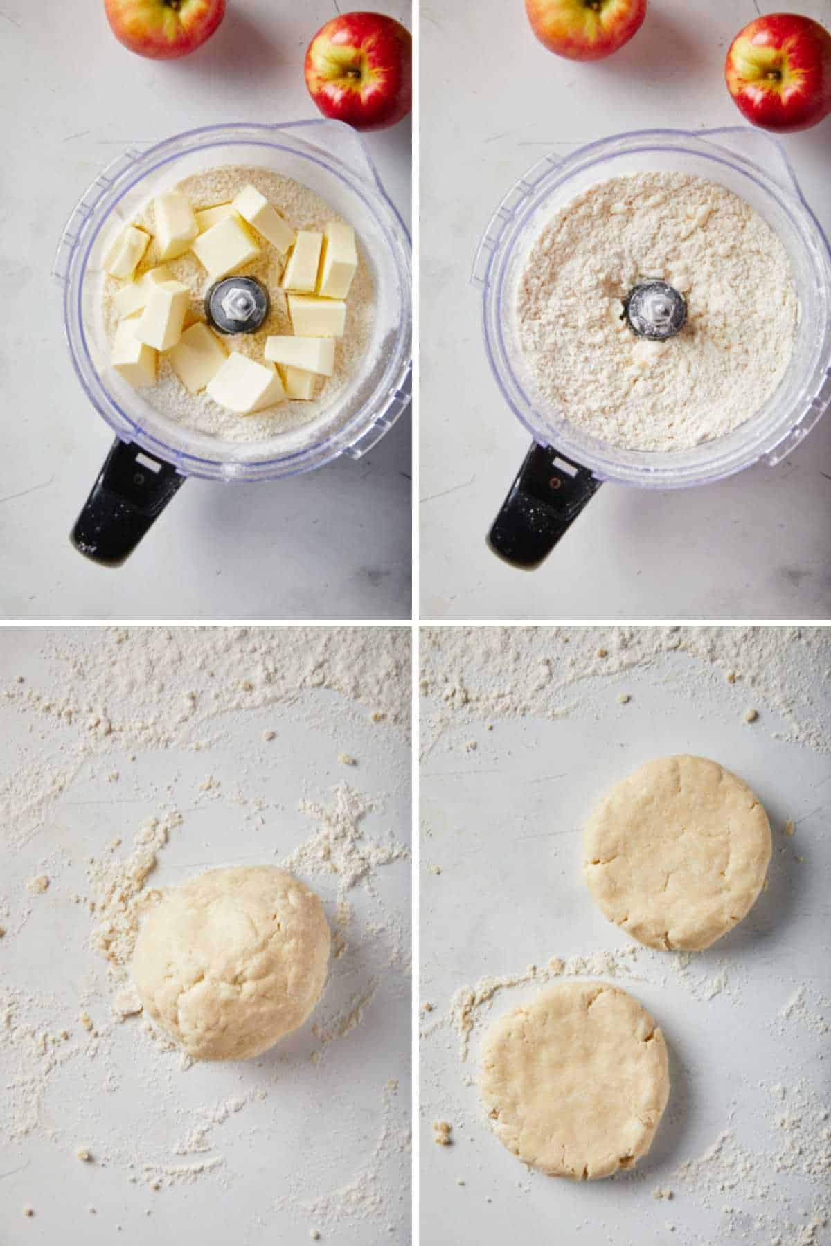 Collage showing ingredients added to food processor, then the dough ball on the counter, and split into two pieces.