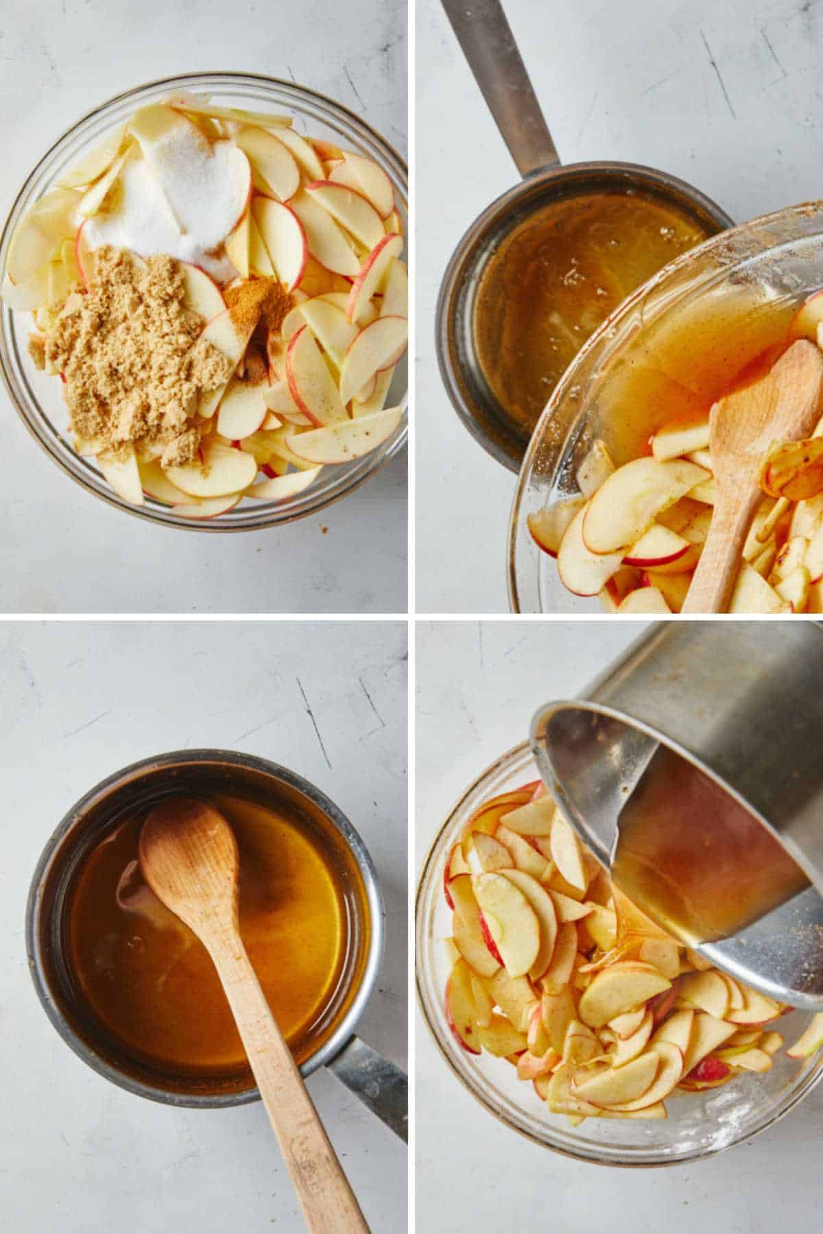 A collage showing making the apple pie filling.
