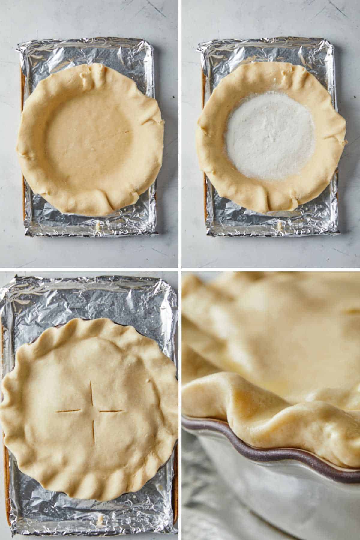 A collage showing the pie crust in the pan, adding some sugar to the bottom, the top crust on top, and a closeup of the fluted edges.