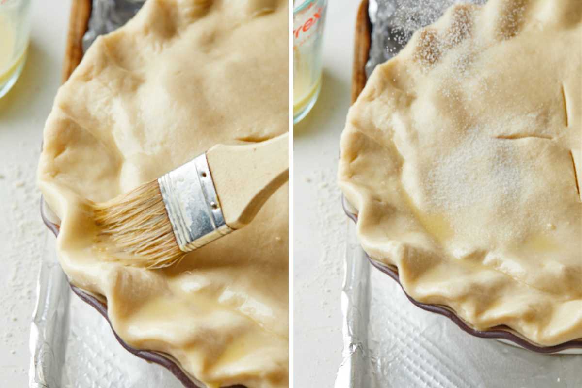 A collage showing brushing the pie crust and then sprinkling with sugar.