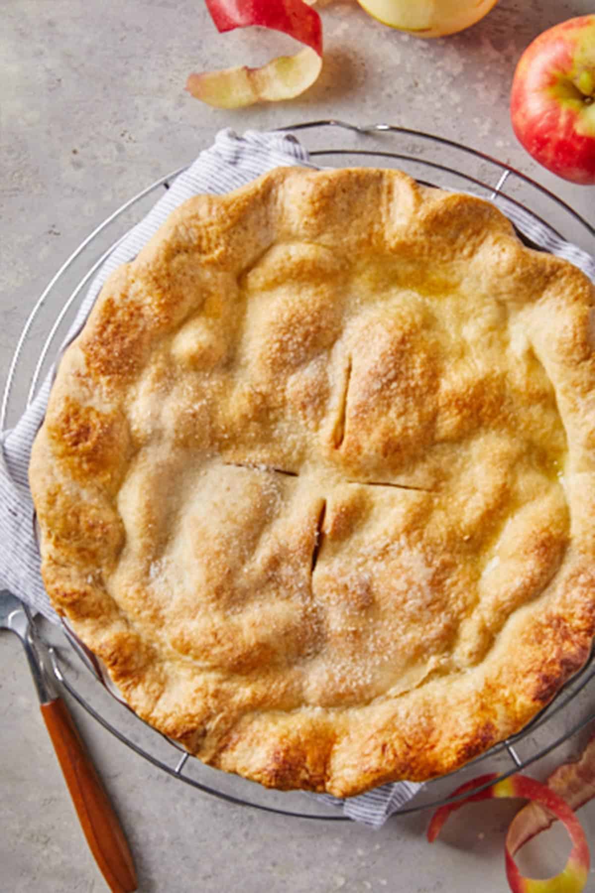 A fully baked southern apple pie fresh from the oven.
