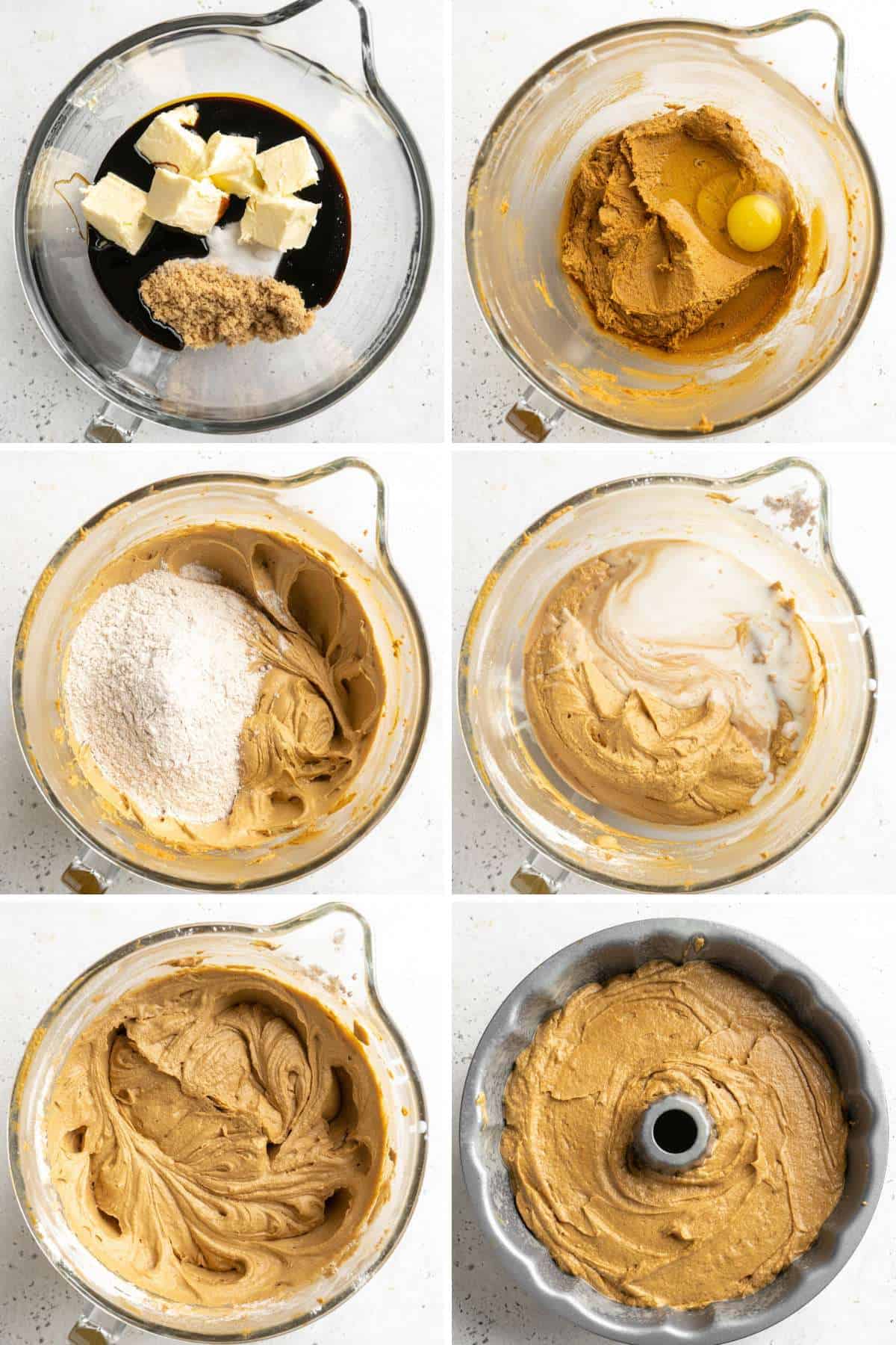 A collage showing the different steps involved in making gingerbread cake.