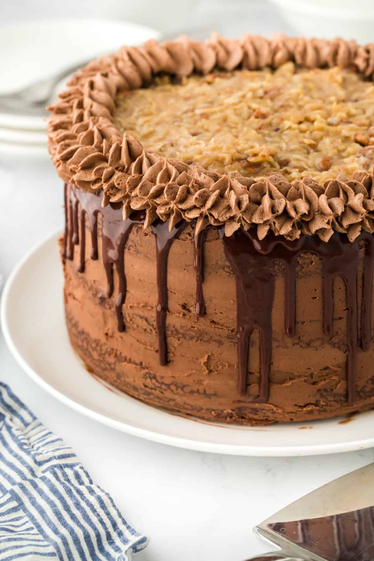 German chocolate cake on a white plate on white background ready to serve