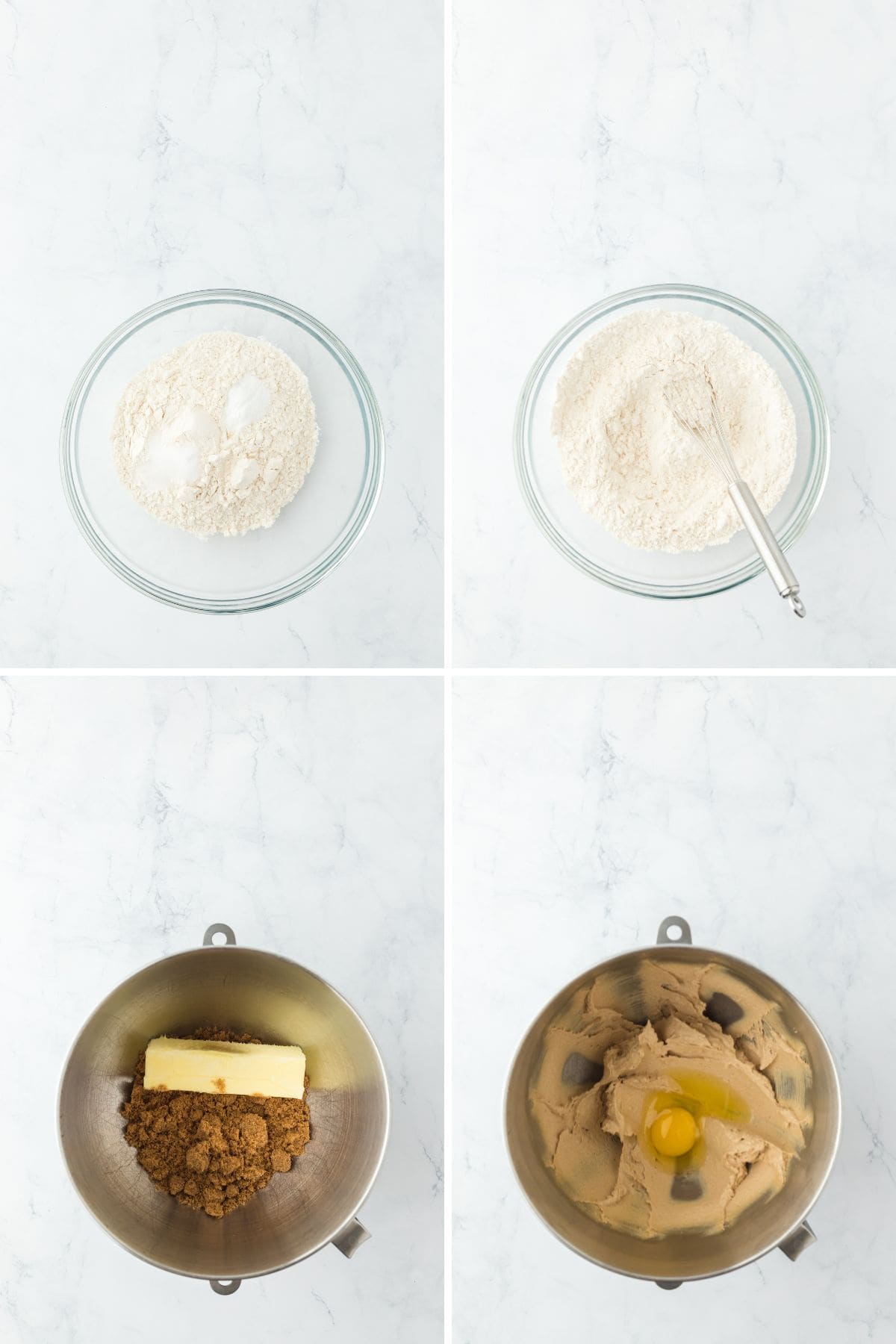 A collage of dry ingredients whisked in a clear bowl, butter and sugar mixed in a stand mixer and egg added