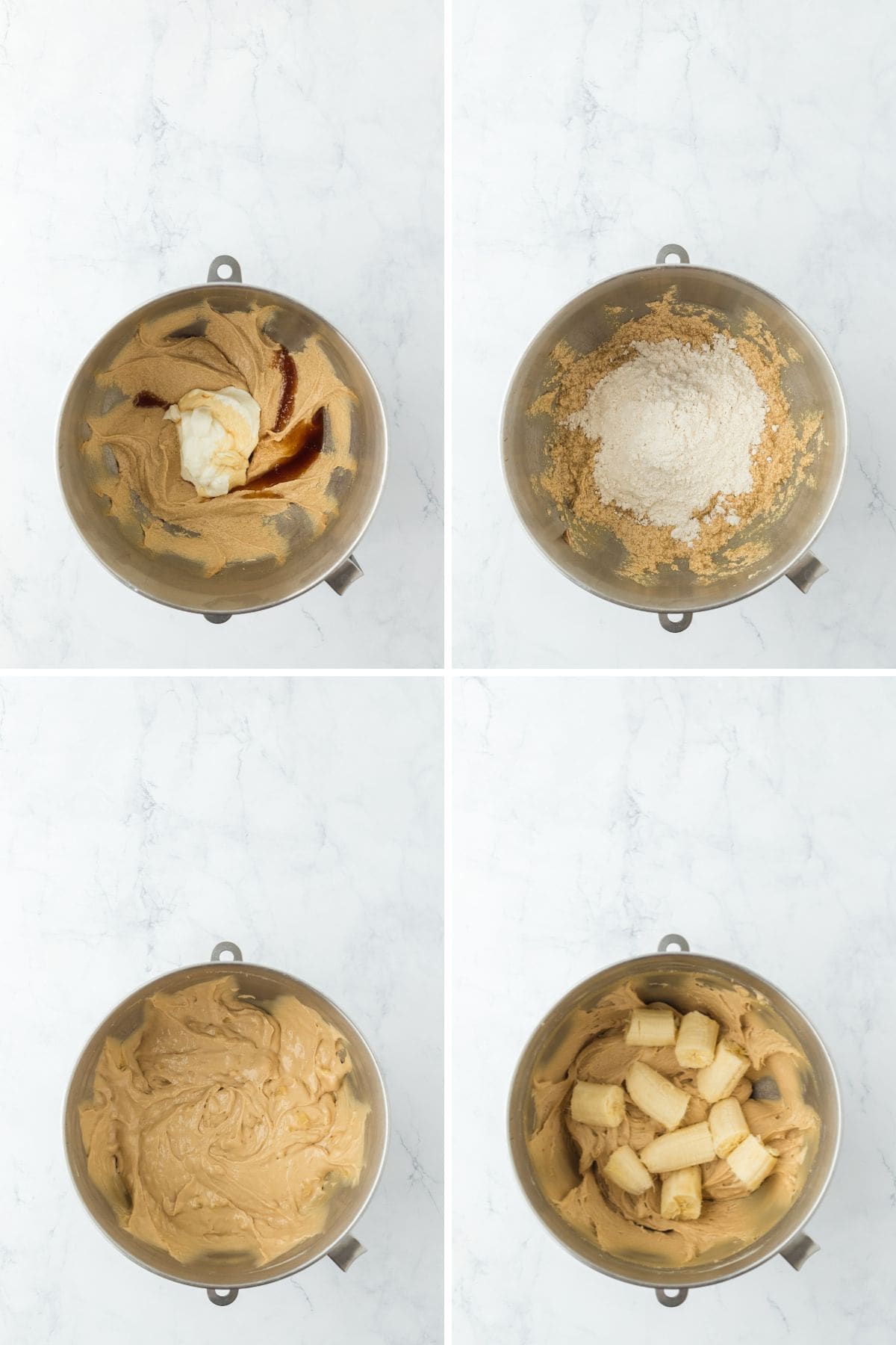 a collage of wet and dry ingredients being added to an easy banana bread  recipe batter then banana pieces being added