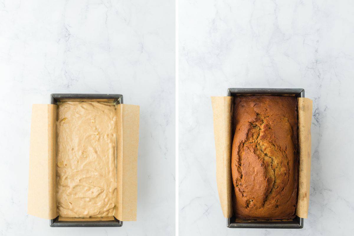 A collage of the best banana bread batter before and after baking in a loaf pan on a white background