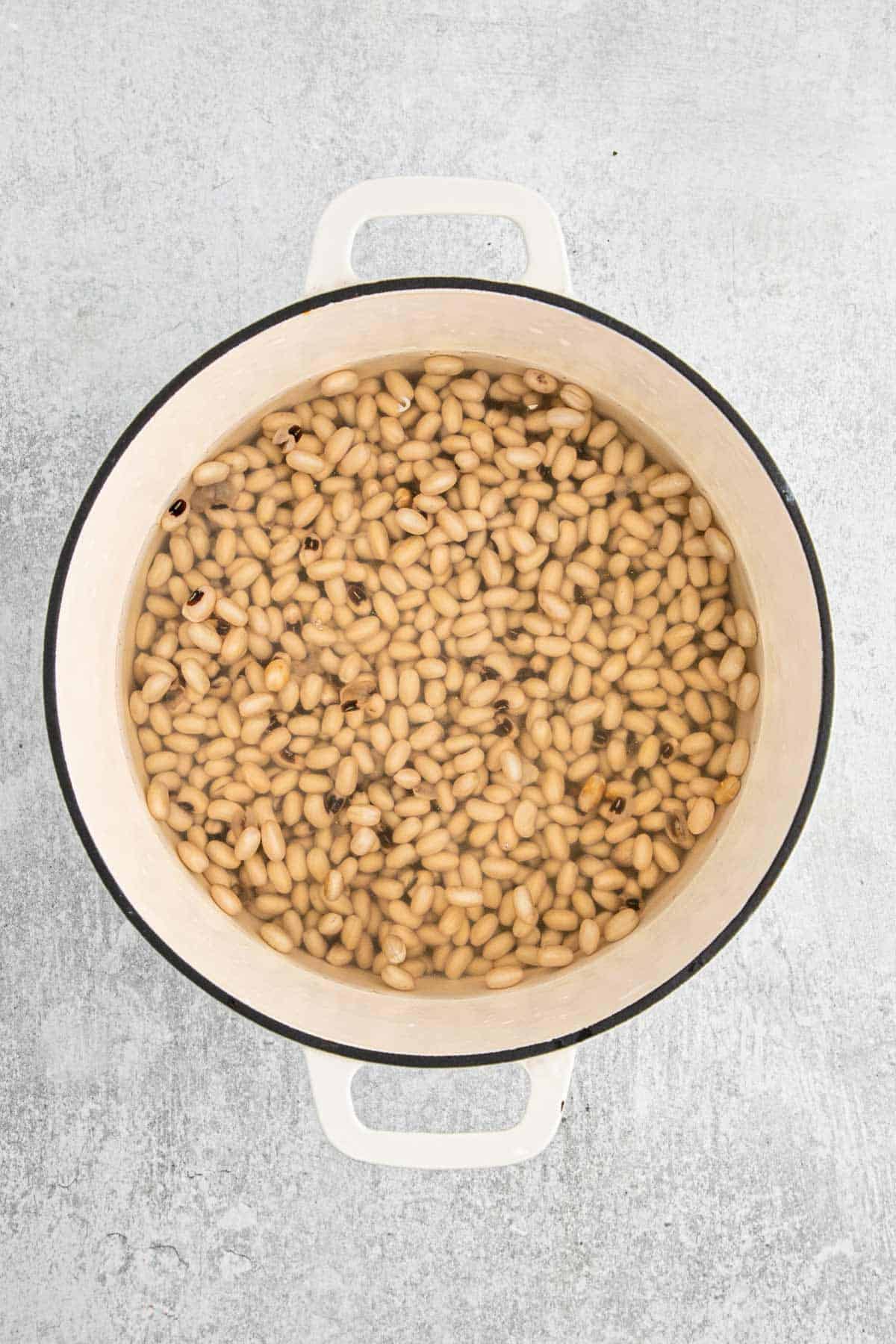 Black eyed peas soaking in a large pot covered with water.