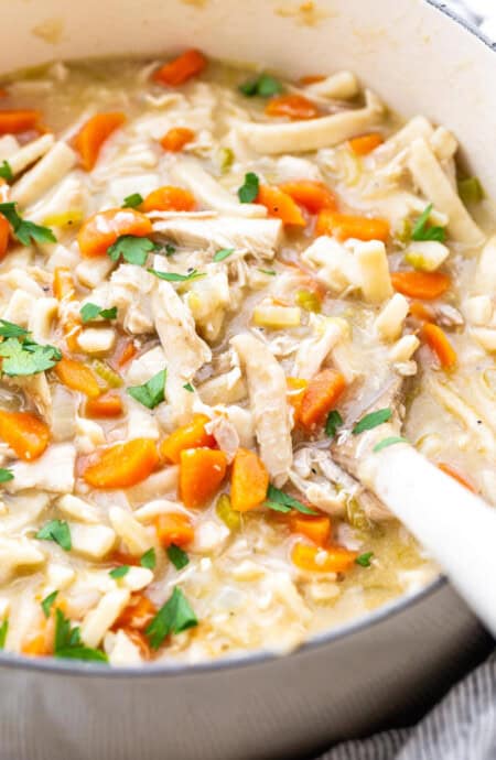 Creamy chicken noodle soup in large pot ready to serve