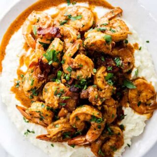 Delicious Keto Shrimp and Grits with a rich sauce ready to serve