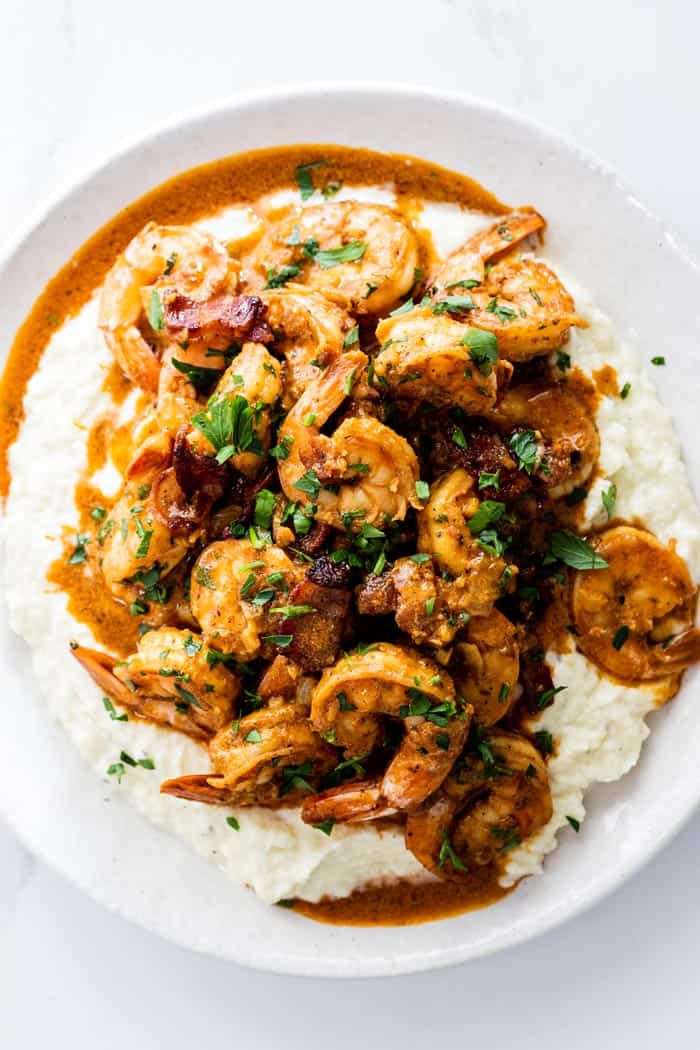 Delicious Keto Shrimp and Grits with a rich sauce ready to serve