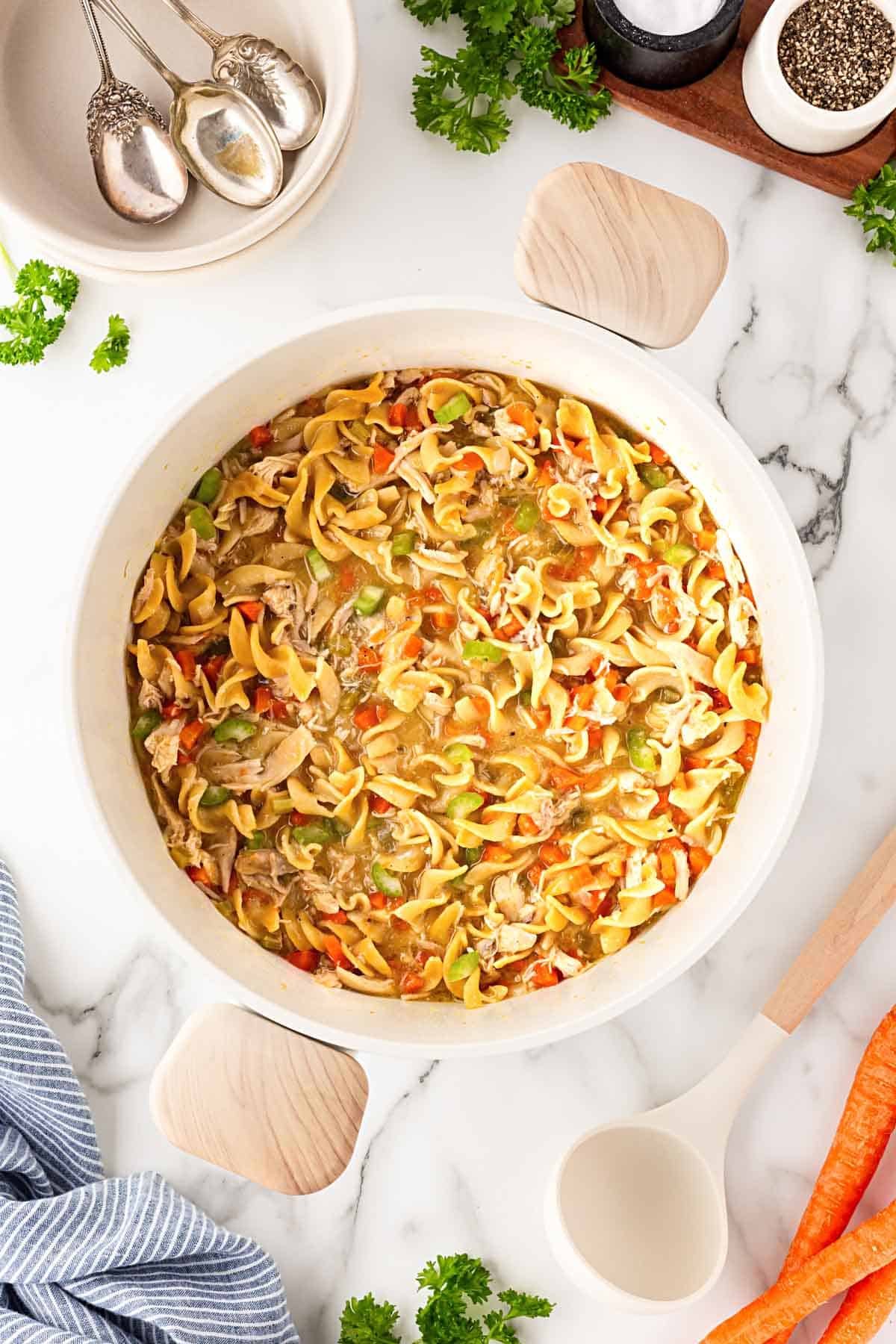 Overhead shot of creamy chicken noodle soup with egg noodles, vegetables, and shredded chicken in a white pot
