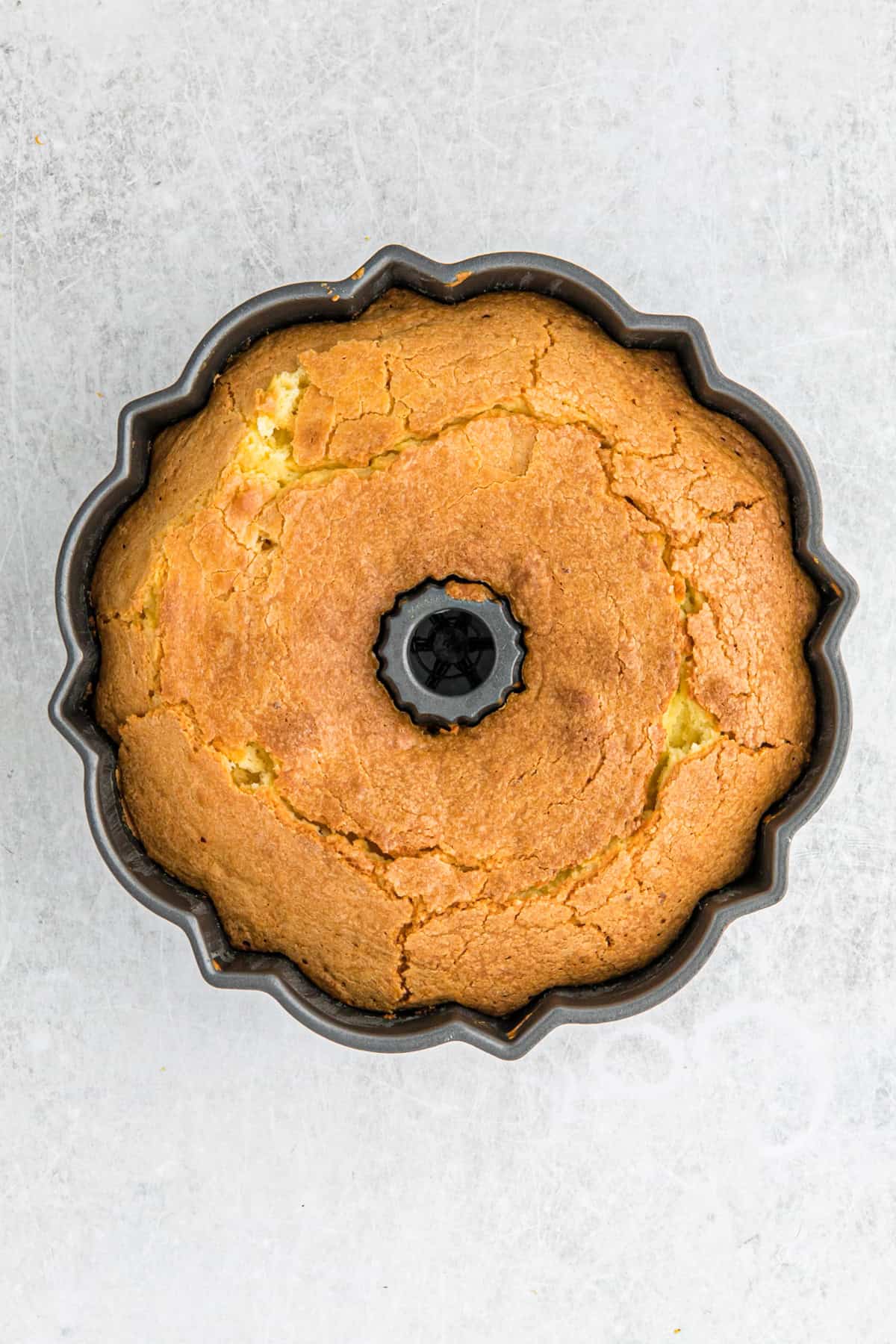 Baked lemon pound cake in bundt pan