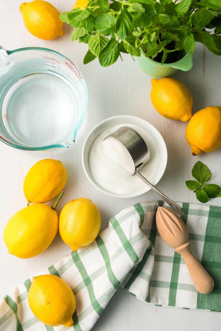 Fresh lemons, granulated sugar, water and mint ready to make refreshing lemonade