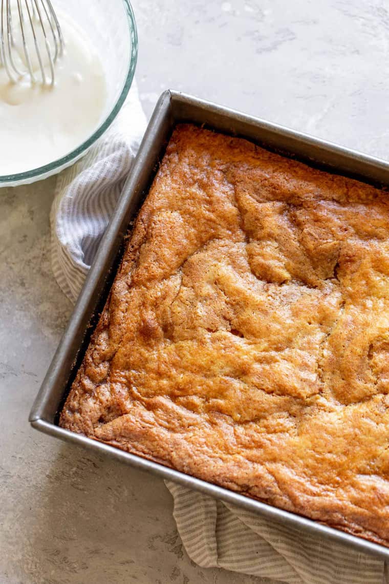 A cake out of the oven ready to be iced