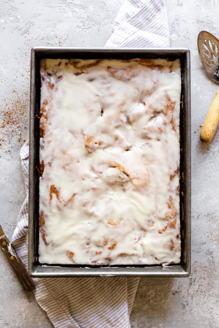 Iced honeybun cake ready to cut and serve