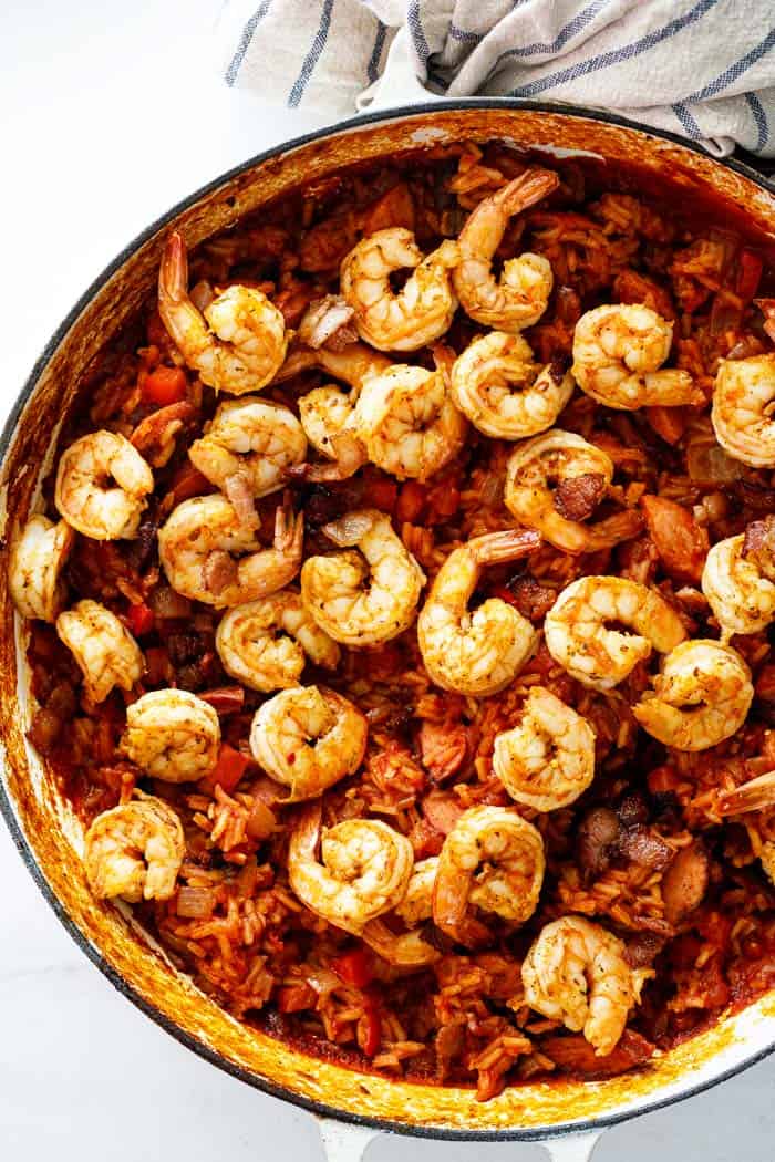 Shrimp in delicious red rice recipe ready to serve