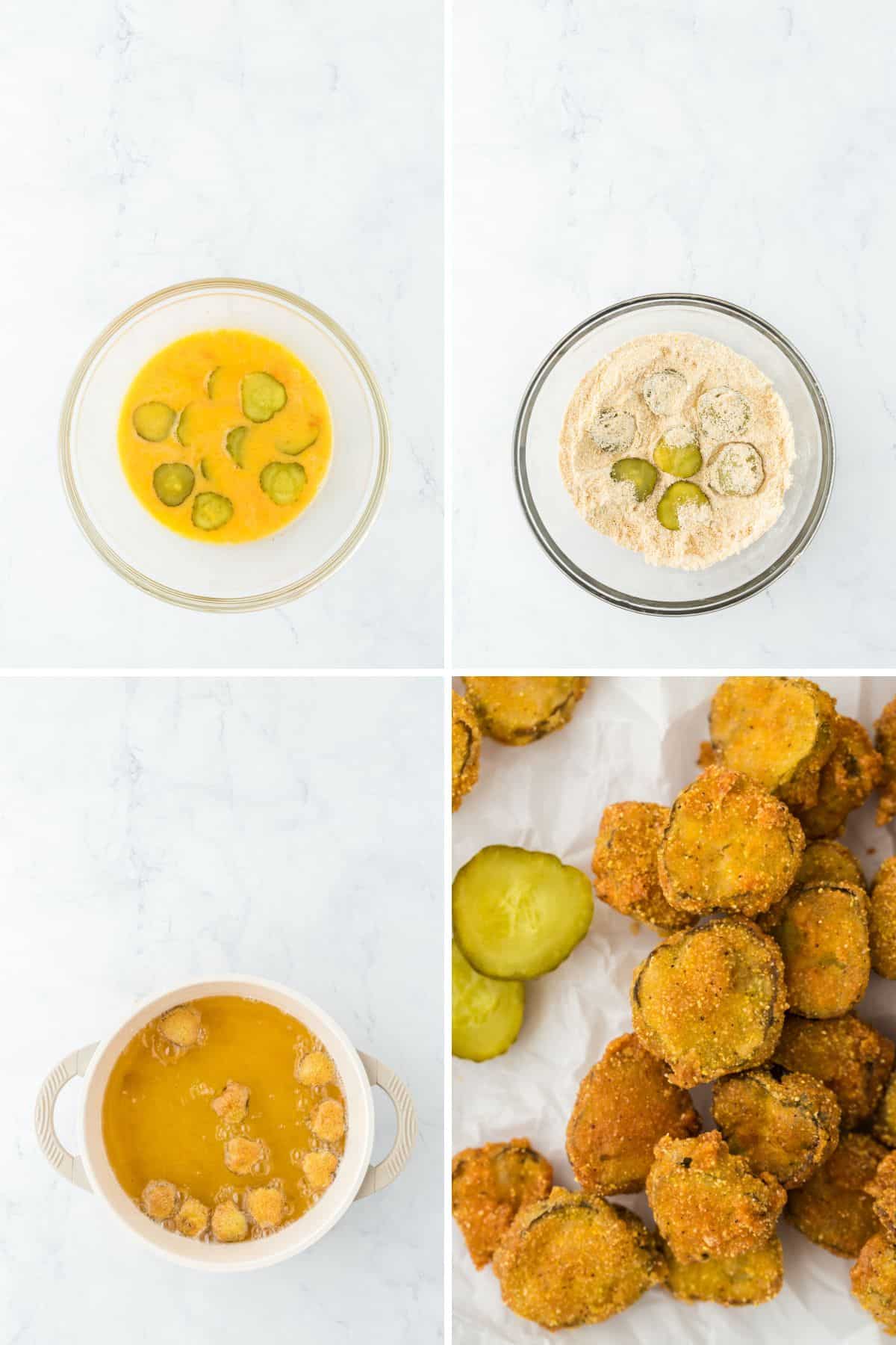 A collage of pickle slices being dipped into egg mixture then into dry ingredients before deep frying pickles and draining on paper towels