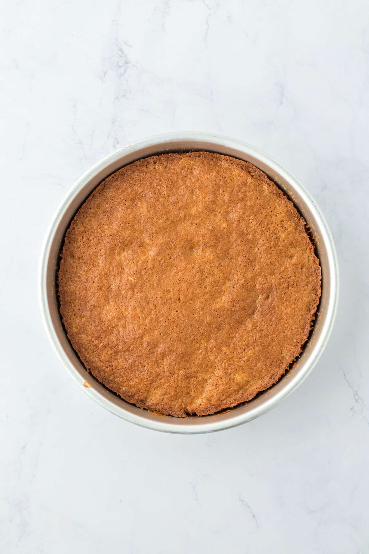 Carrot cake layer baked in a pan on white countertop