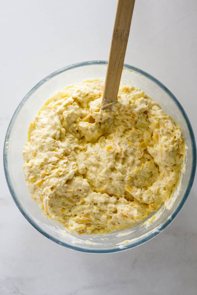 Ingredients mixed to make a classic spoon bread recipe