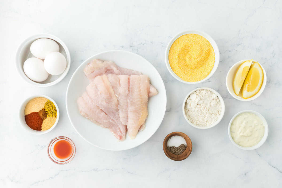 Cornmeal, eggs, hot sauce, seasonings and eggs along with fresh catfish fillets in small bowls on a white background