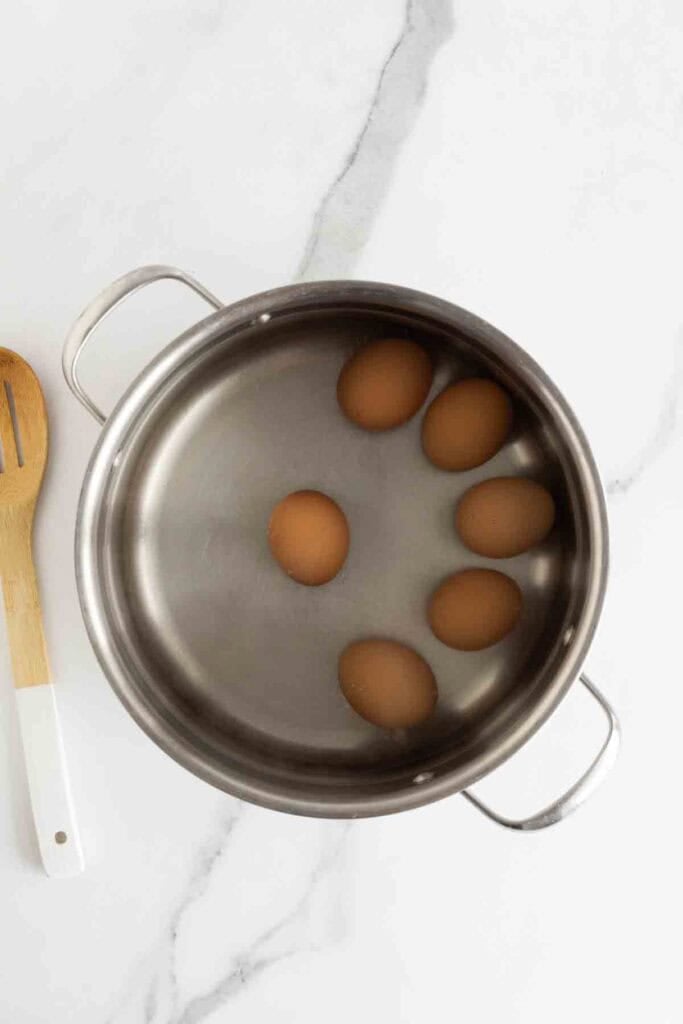Brown eggs added to a pot full of water