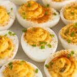 Southern deviled eggs on a white plate close up