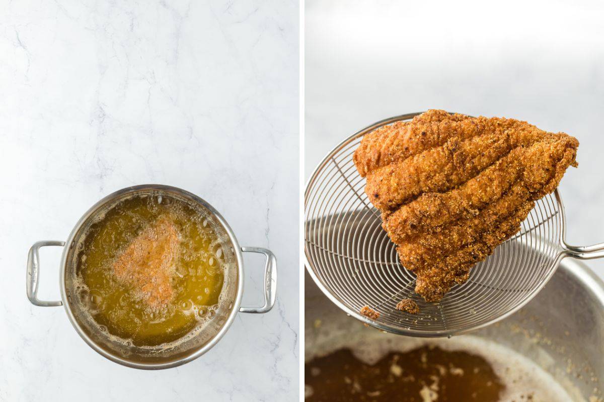 A collage of southern fried catfish frying in pot with oil then being lifted out to show golden brown
