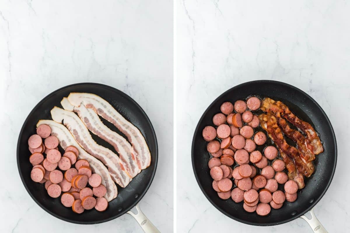 a collage of bacon and sausage sliced frying in a pan then it completely browned